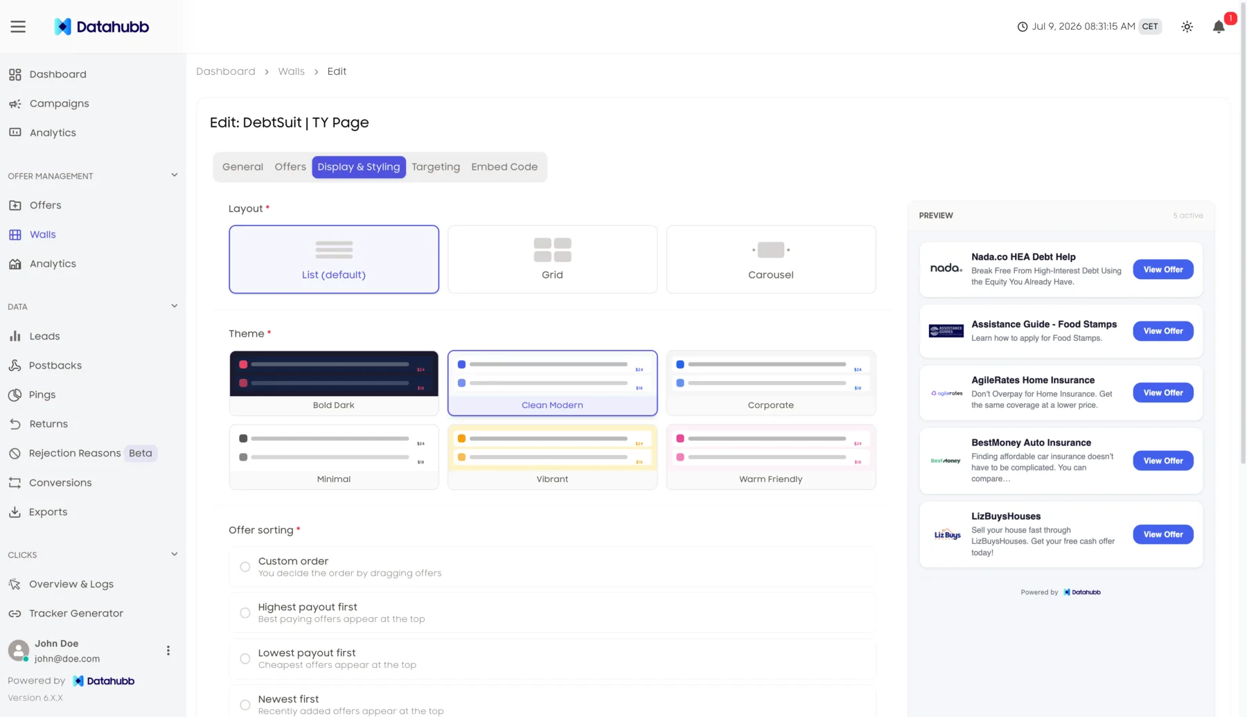 Offer wall builder showing offers, payouts and targeting rules in a sortable grid